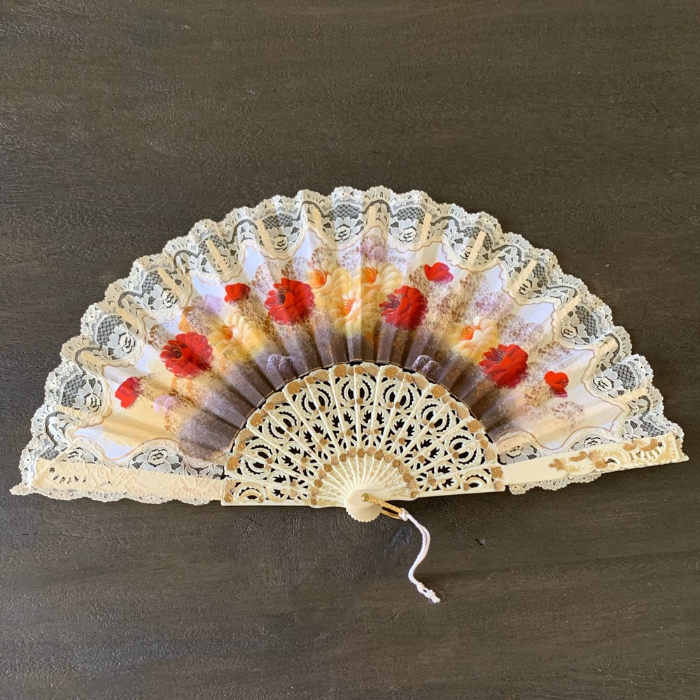 Antique Hand Painted lace fan HOME DECOR ART VTG